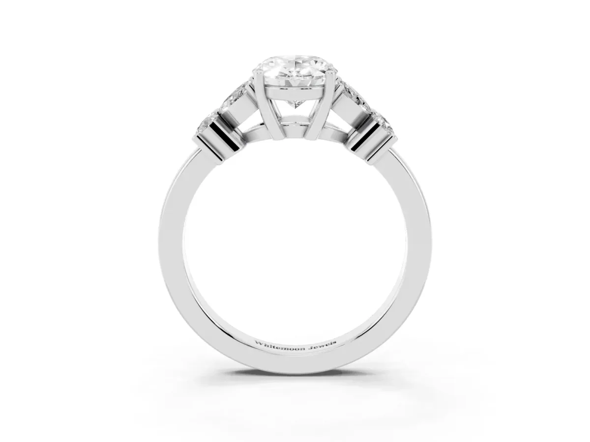 Oval Cut Diamond Floral Cluster Ring with Solitaire Band and Prong Setting Silver