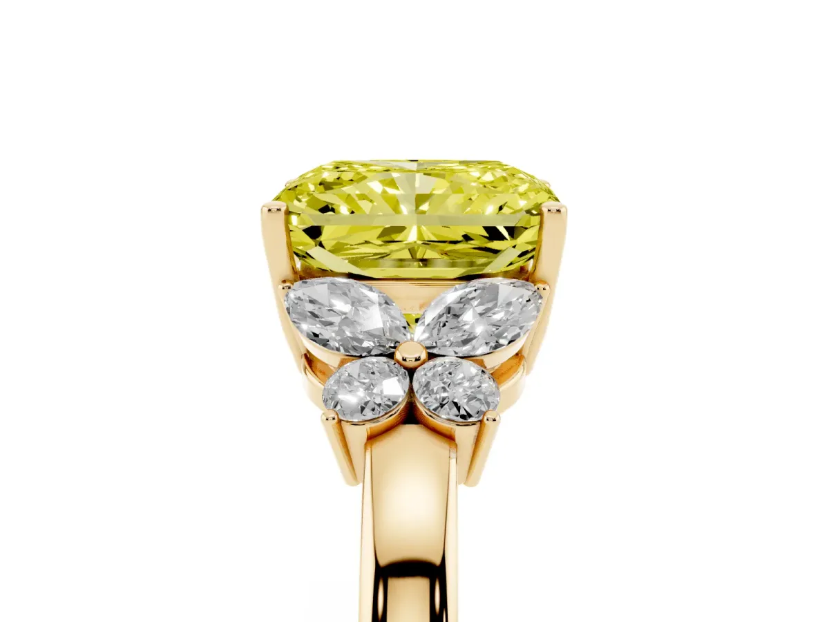 Fancy Yellow Radiant Cut Cut Solitaire Floral Diamond Ring with Four-Prong Setting Yellow gold