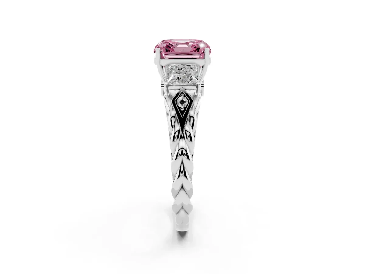 Fancy Pink Three-Stone Asscher Cut Diamond Braided Band Ring with Four-Prong Setting Platinum