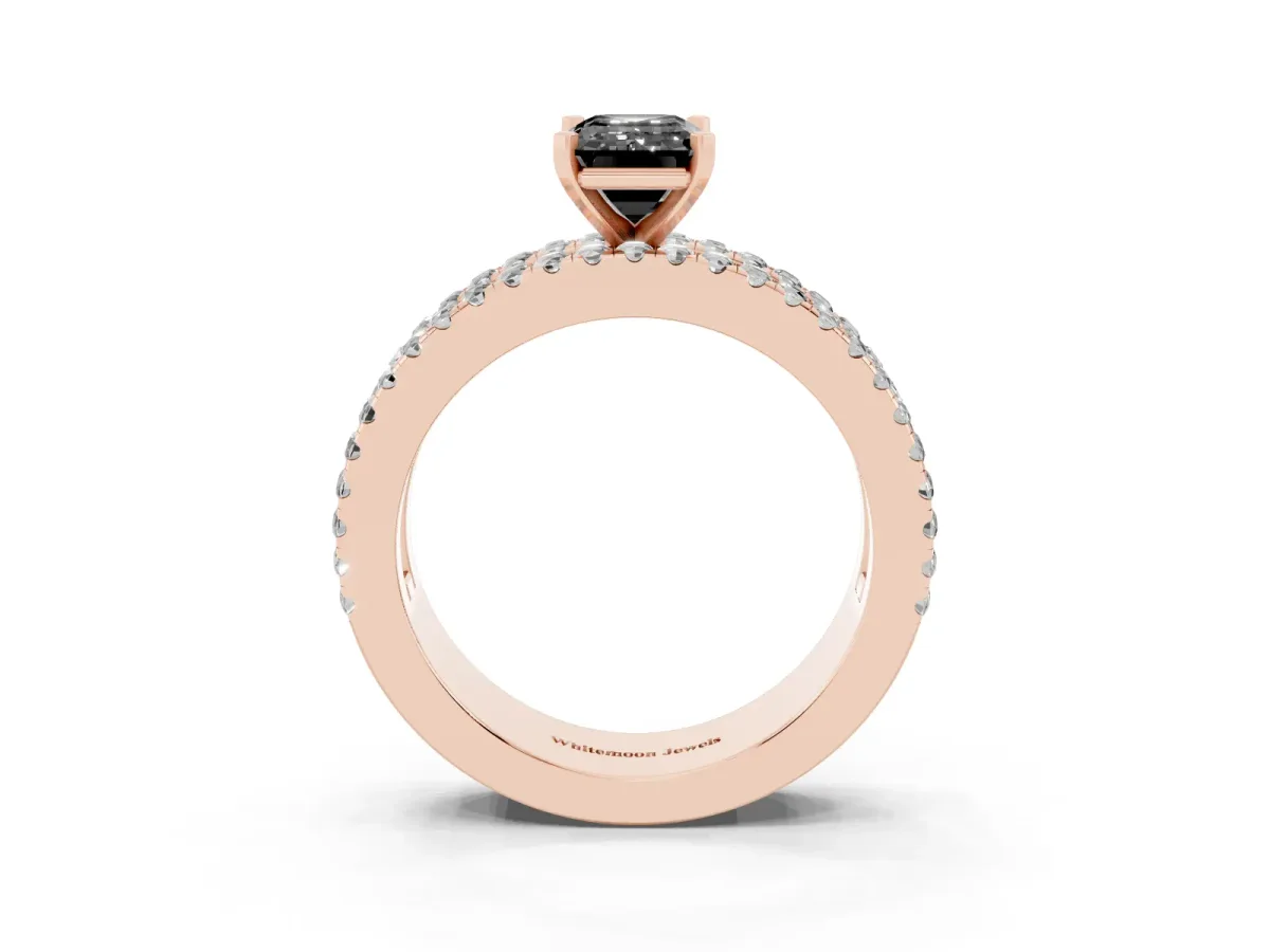 Fancy Black Emerald Cut Diamond Solitaire Ring with Pavé and Channel Set Band Rose gold