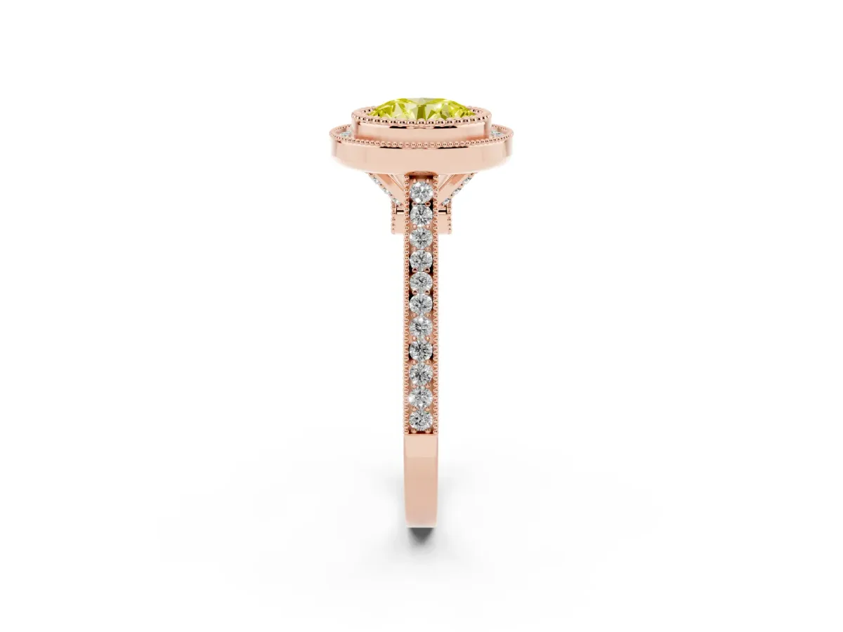 Fancy Yellow Round Cut Diamond Halo Ring with Milgrain Frame and Pavé Band Rose gold