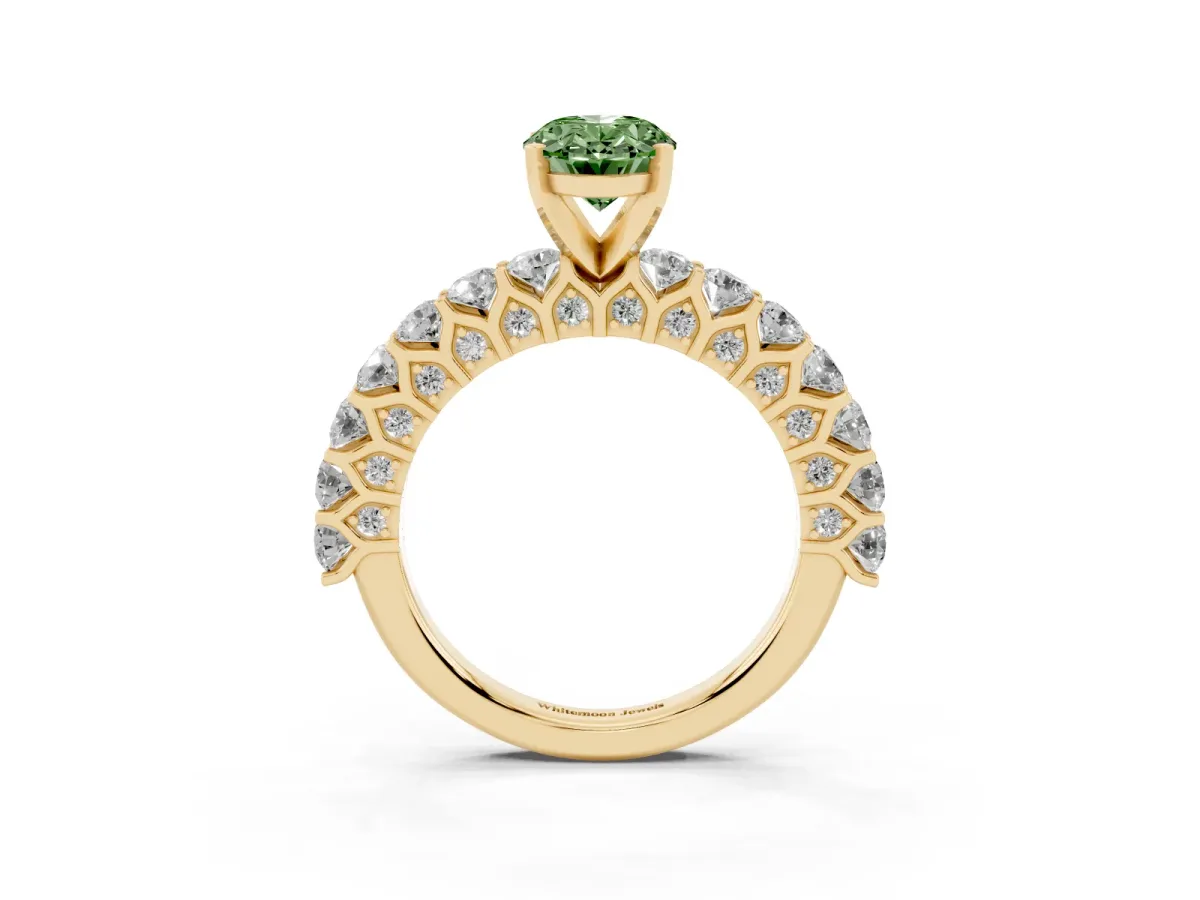 Fancy Green Oval Cut Diamond Solitaire Ring with Shared Prong Pavé Band and Four-Prong Setting Yellow gold