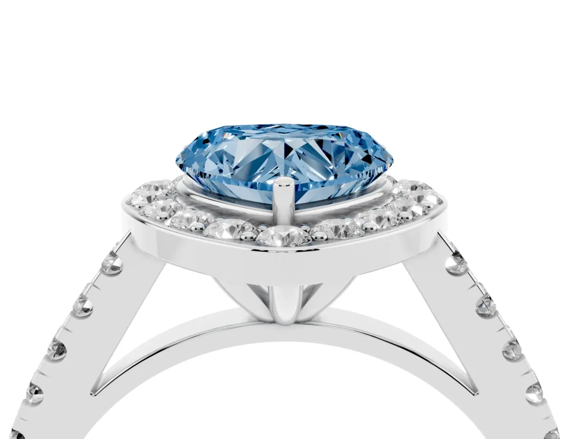 Fancy Blue Heart Cut Diamond Halo Ring with Round Pavé Split Shank and Prong Setting Silver