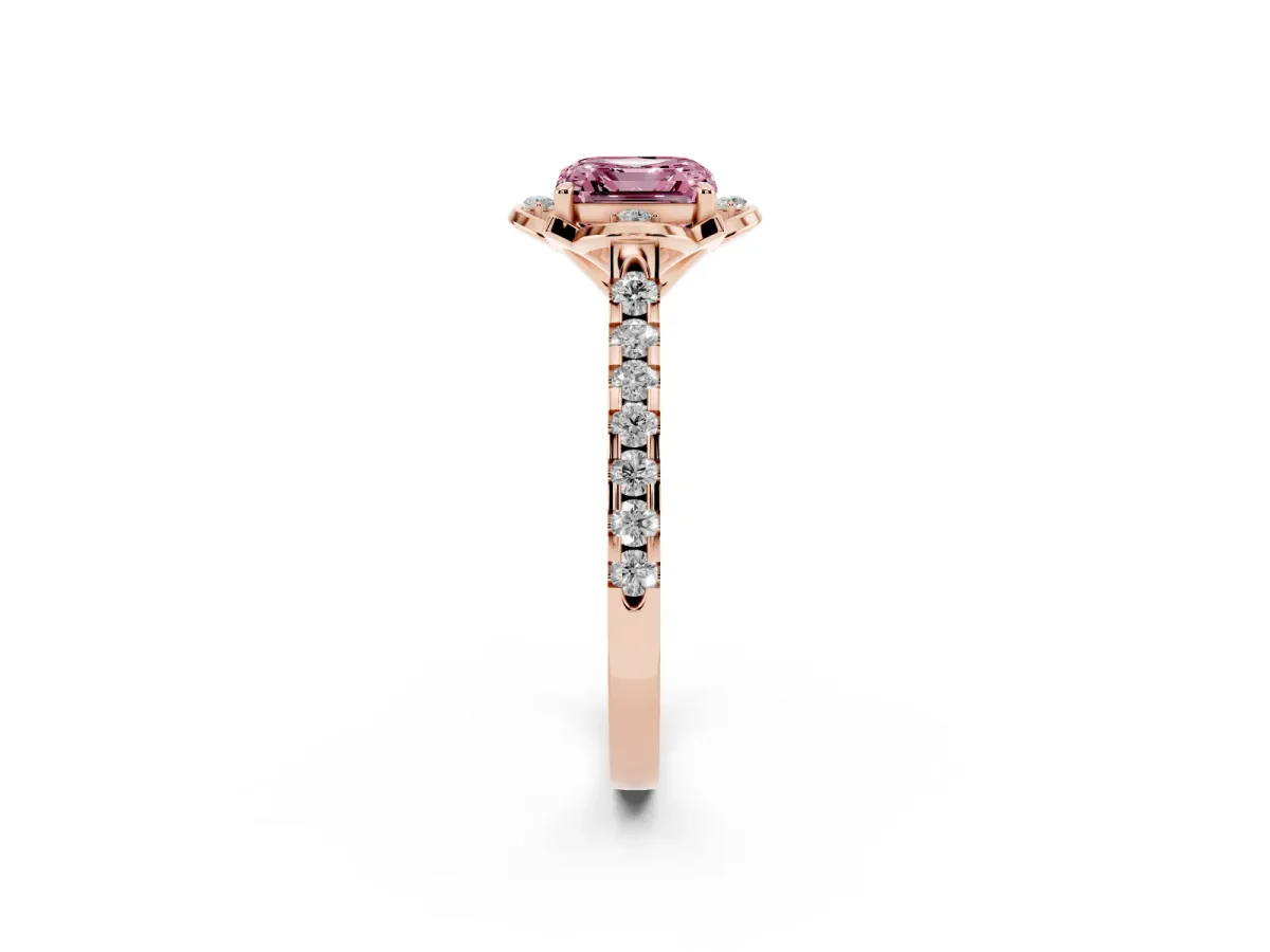 Fancy Pink Asscher Cut Diamond Ring with Pavé Band and Floral Prong Setting Rose gold