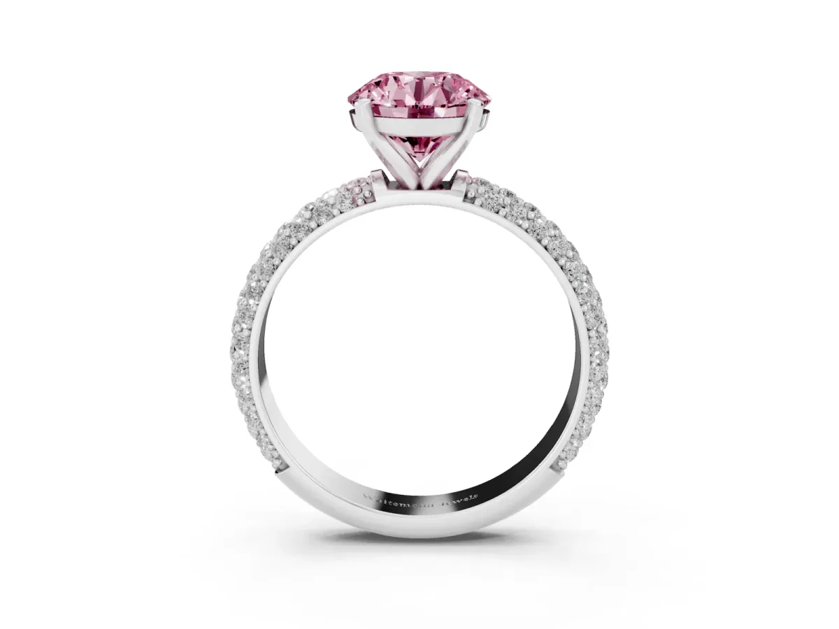 Fancy Pink Round Cut Diamond Solitaire Ring with Prong Setting and Pavé Band Silver