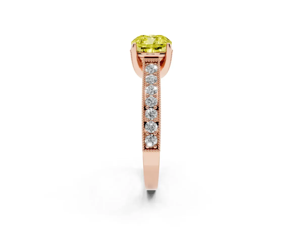 Fancy Yellow Cushion Cut Cut Diamond Solitaire Ring with Milgrain Pave Band and Four Prong Setting Rose gold