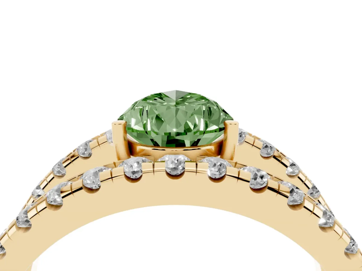 Fancy Green Pear Cut Solitaire Split Shank Pave Diamond Ring Yellow gold