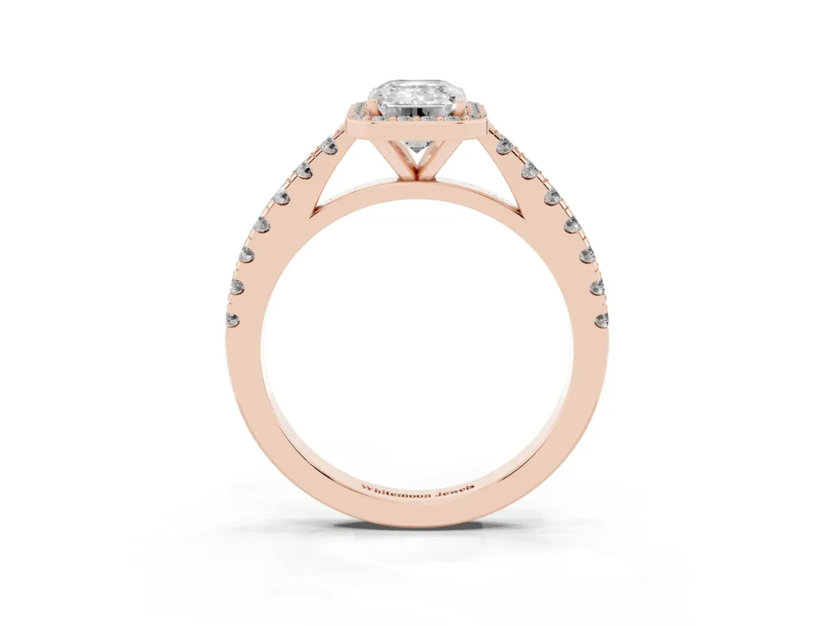 Emerald Cut Cut Halo Diamond Engagement Ring with Pave Band and Four-Prong Setting Rose gold