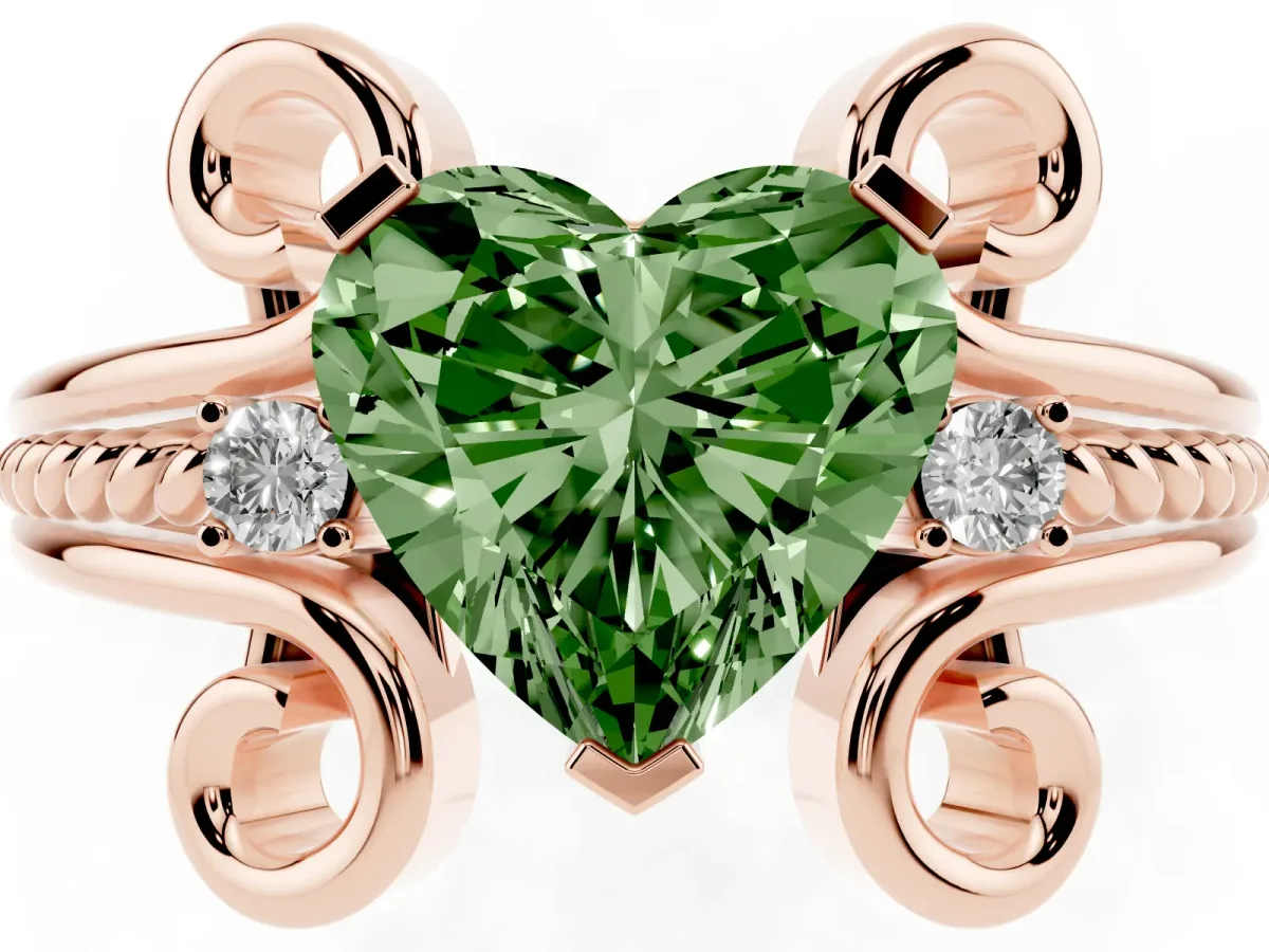 Fancy Green Heart Cut Solitaire Twisted Band Scroll Prong Ring Rose gold