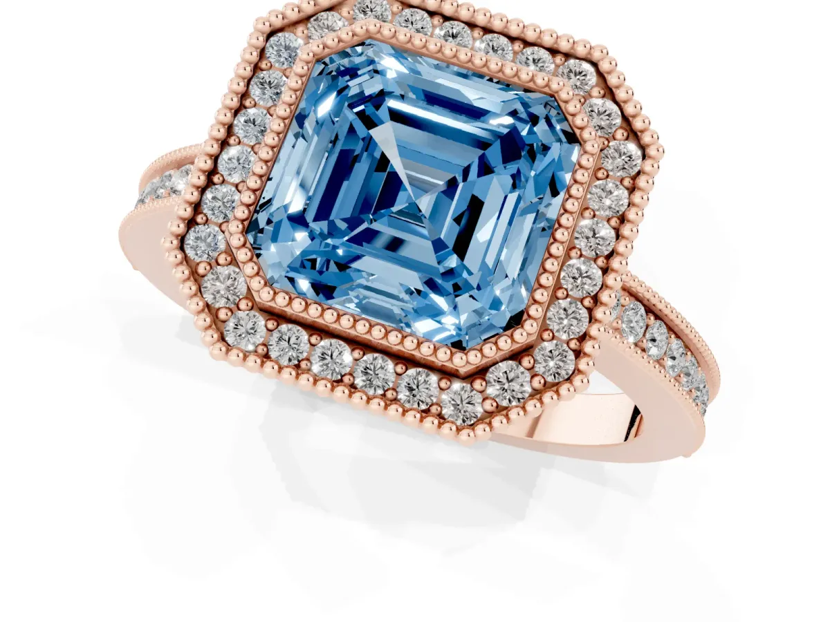 Fancy Blue Asscher Cut Cut Halo Diamond Ring with Pavé Band and Milgrain Prong Setting Rose gold