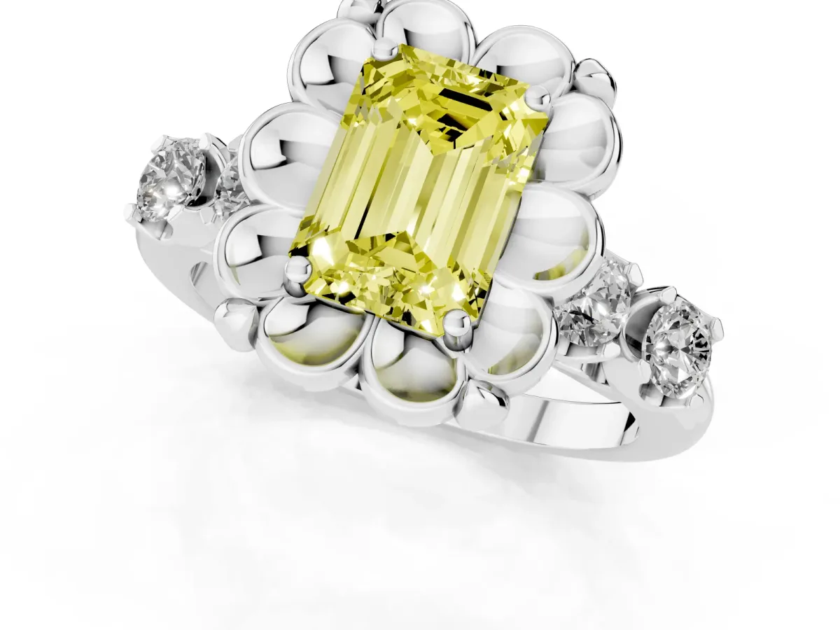 Fancy Yellow Emerald Cut Cut Diamond Floral Halo Engagement Ring with Shared Prong Setting Silver