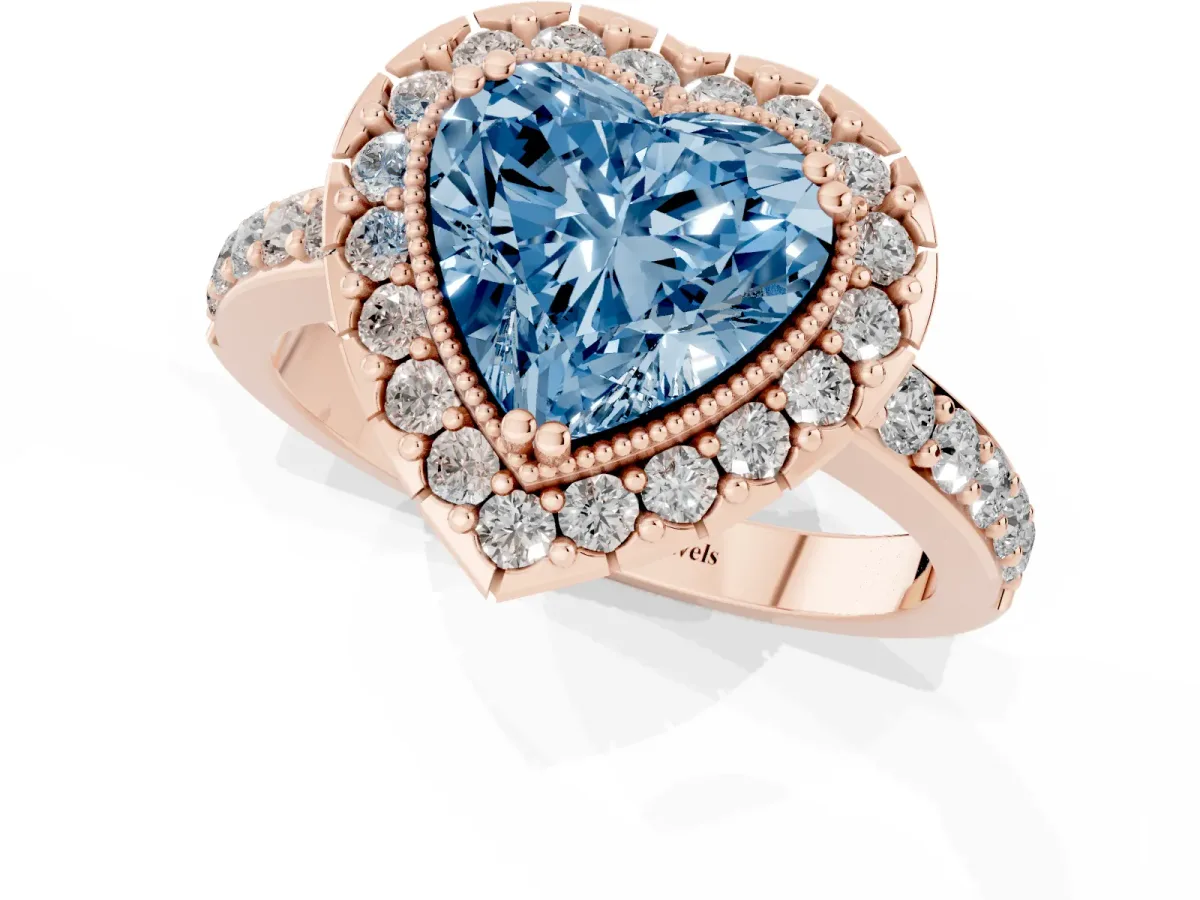Fancy Blue Heart Cut Diamond Halo Ring with Pavé Band and Prong Setting Rose gold