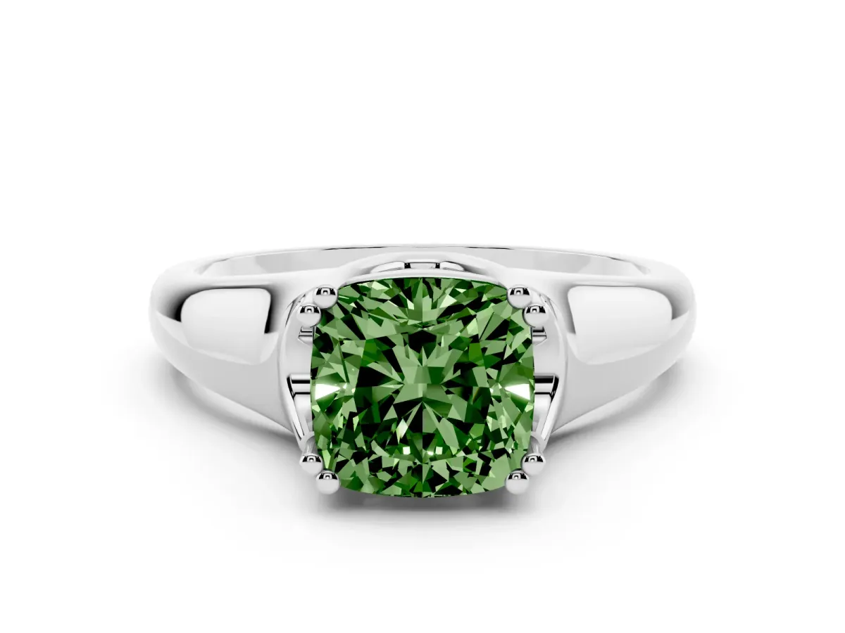 Fancy Green Cushion Cut Diamond Solitaire Ring with Wide Band and Prong Setting Silver