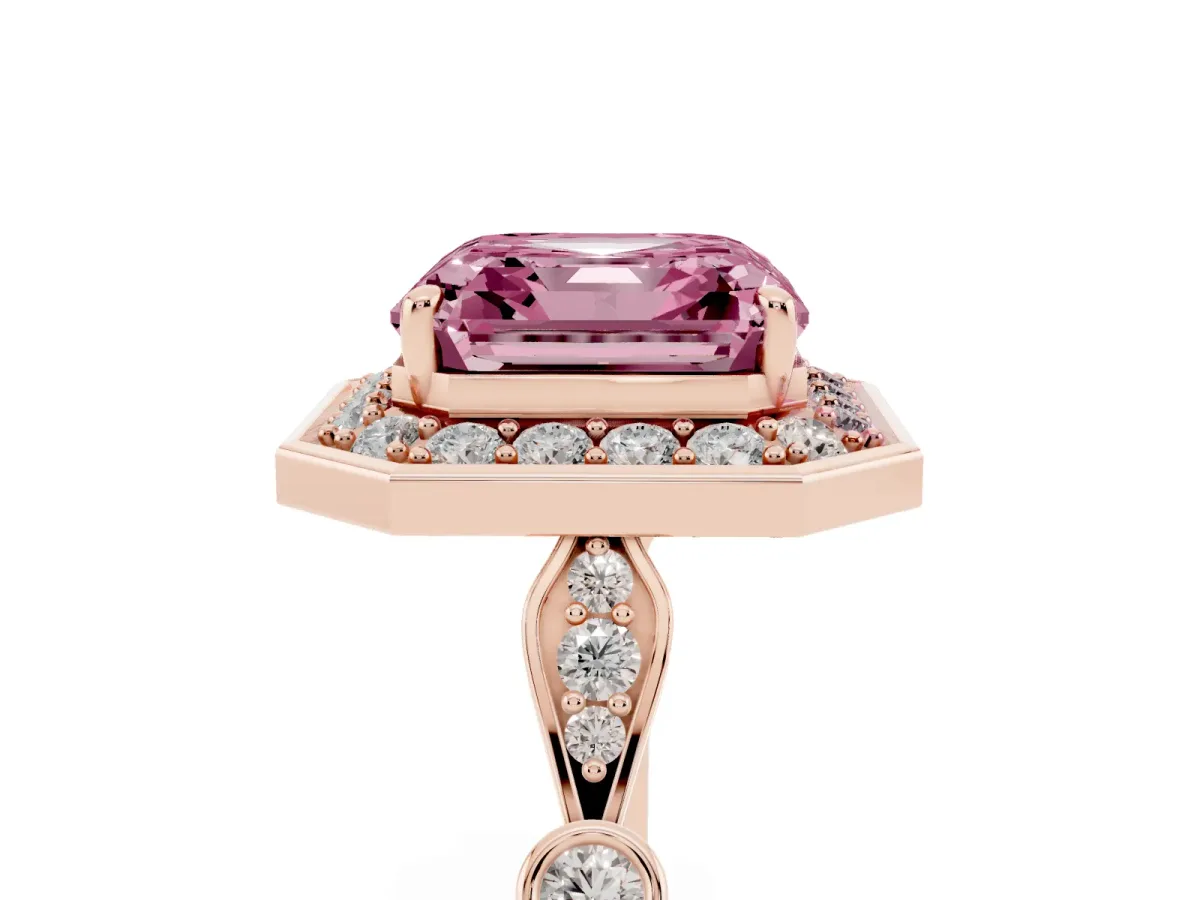 Fancy Pink Asscher Cut Halo Diamond Engagement Ring with Twisted Band and Four-Prong Setting Rose gold