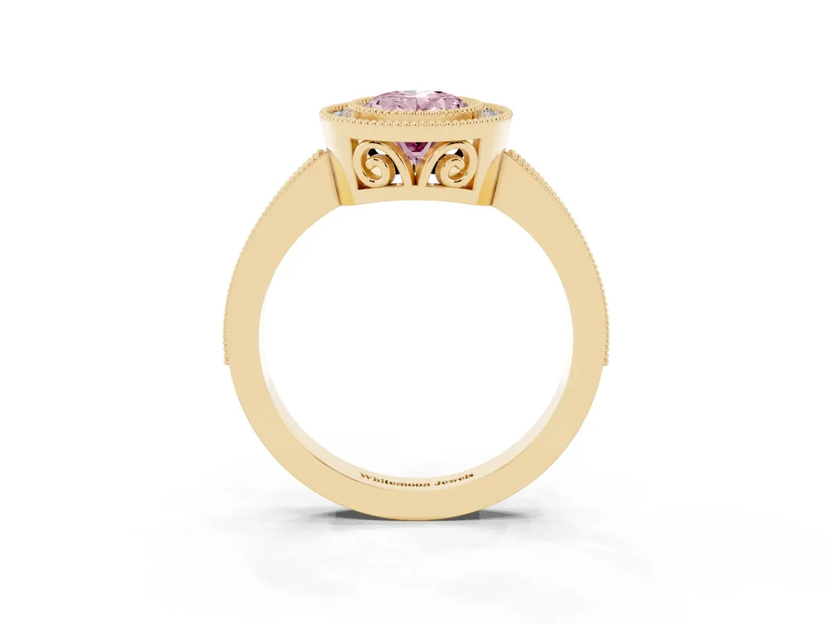 Fancy Pink Oval Cut Cut Halo Diamond Ring with Pavé Band and Milgrain Prong Setting Yellow gold