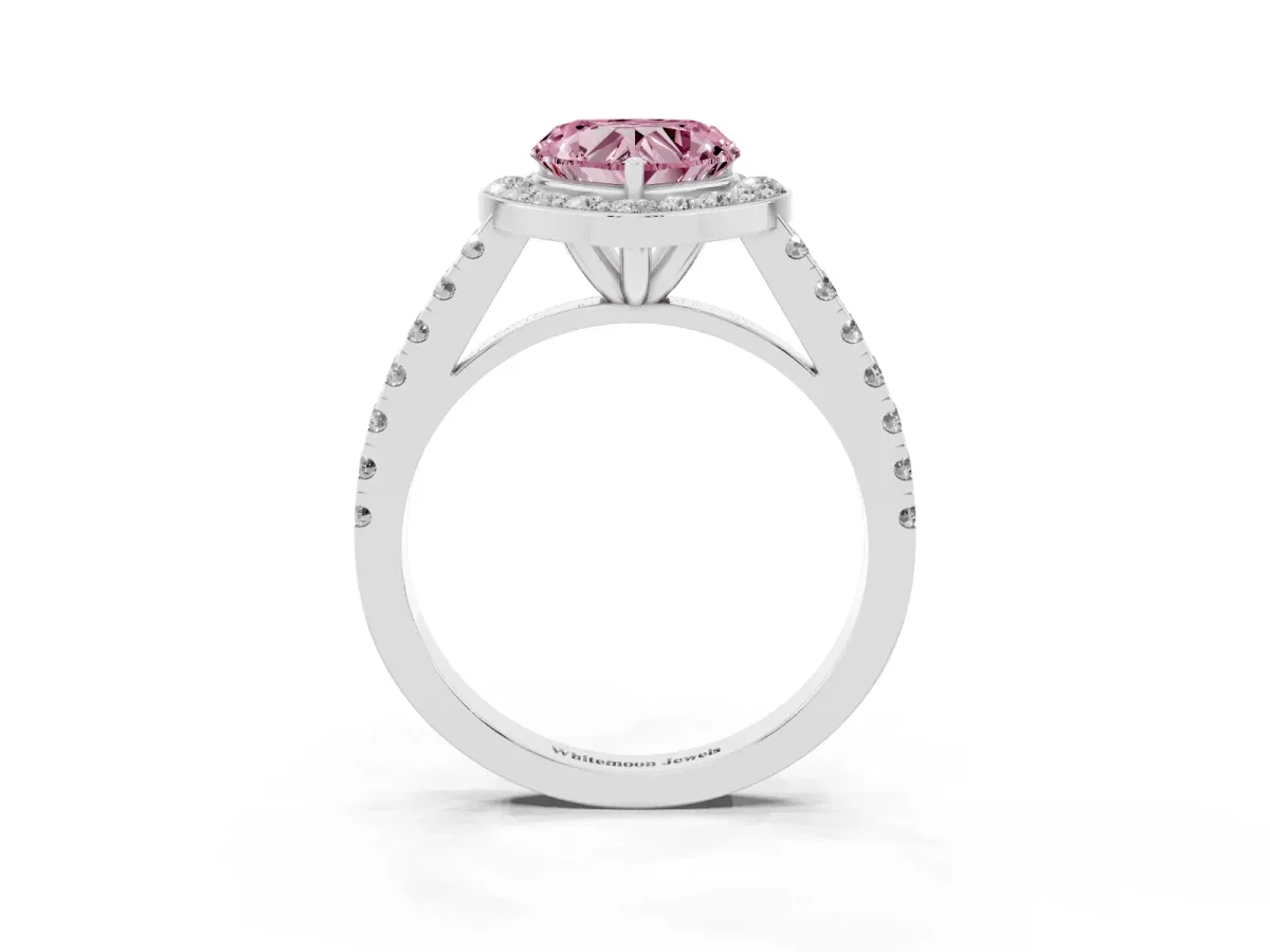 Fancy Pink Heart Cut Diamond Halo Ring with Round Pavé Split Shank and Prong Setting Silver