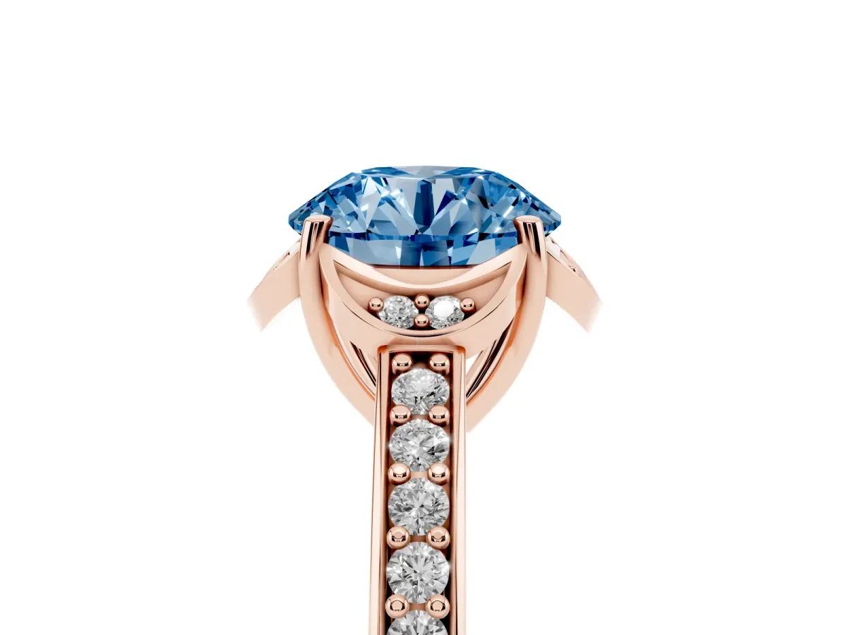 Fancy Blue Round Cut Cut Halo Diamond Ring with Channel Set Band and Four-Prong Setting Rose gold