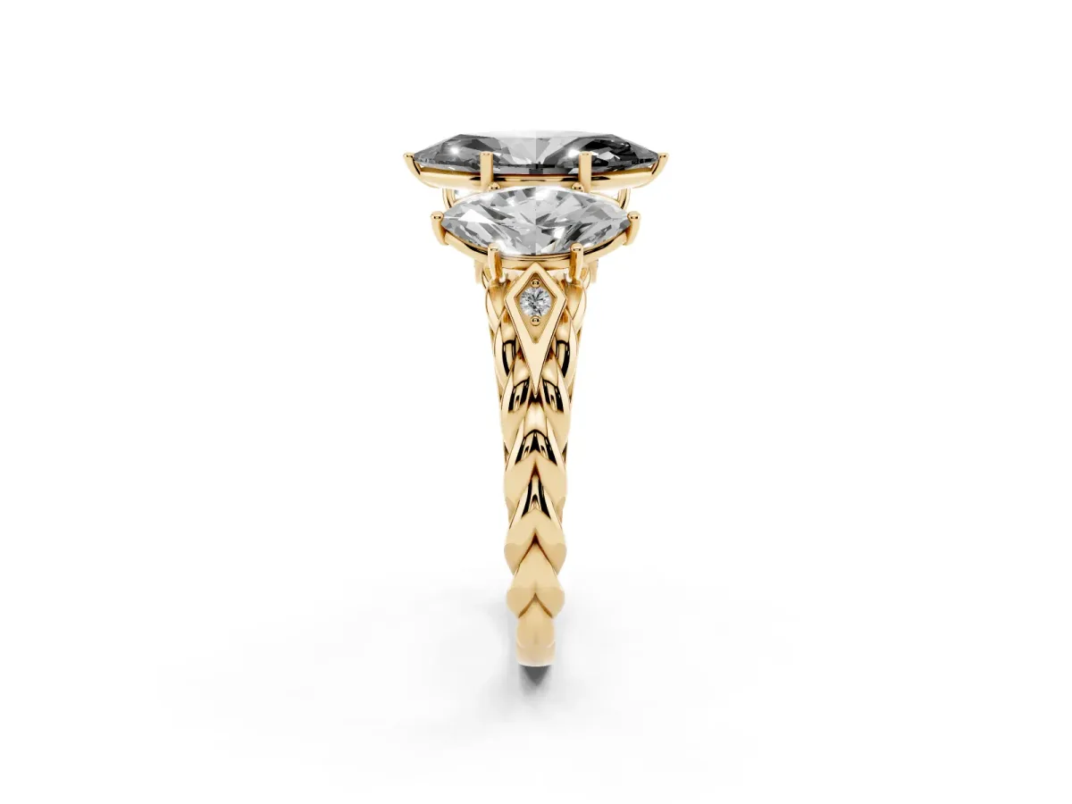 Fancy Black Three-Stone Marquise Cut Diamond Braided Band Ring with Four-Prong Setting Yellow gold