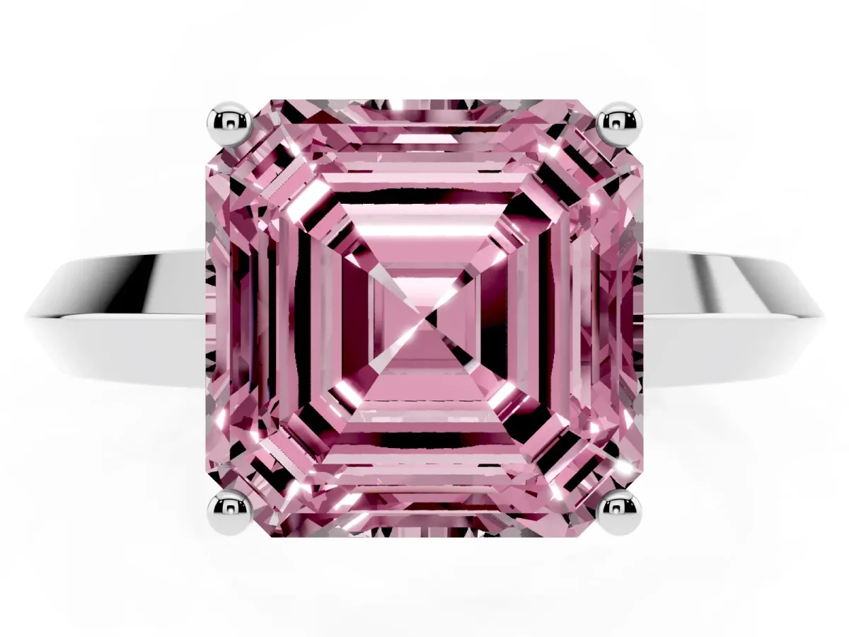 Fancy Pink Asscher Cut Cut Solitaire Engagement Ring with Flat Band and Four-Prong Setting White gold