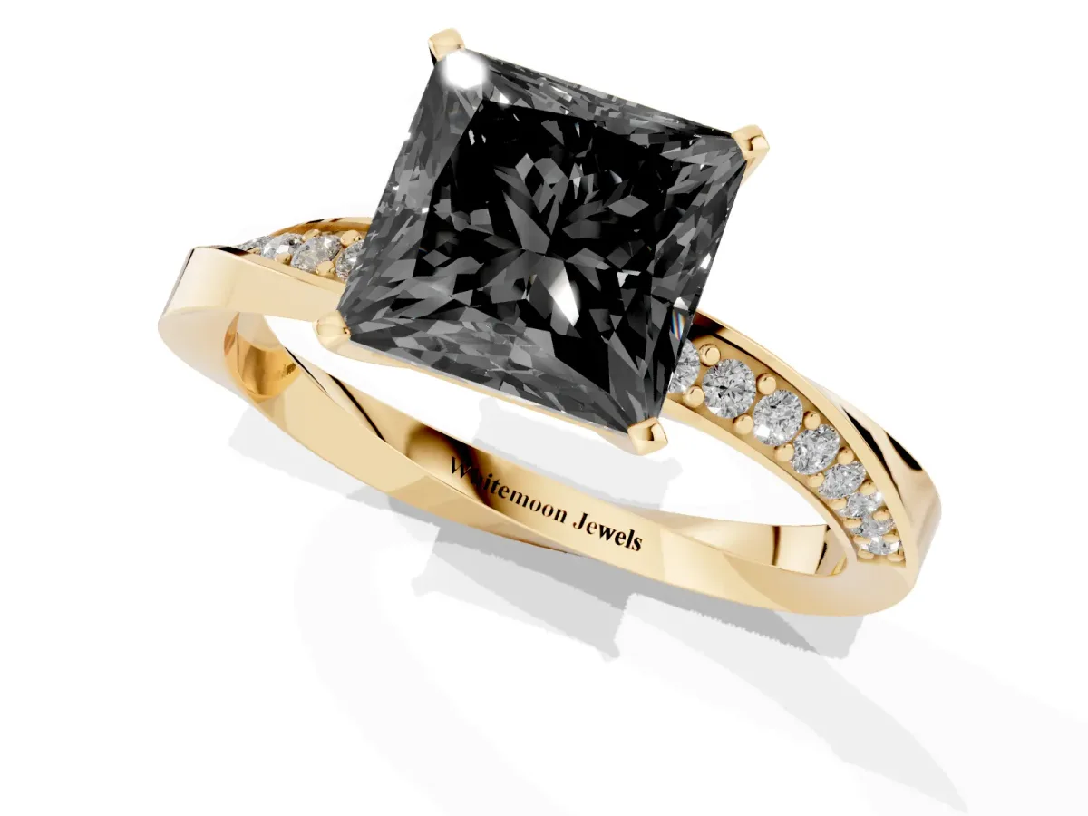 Fancy Black Princess Cut Diamond Engagement Ring with Side Stone Accents and Four-Prong Setting Yellow gold