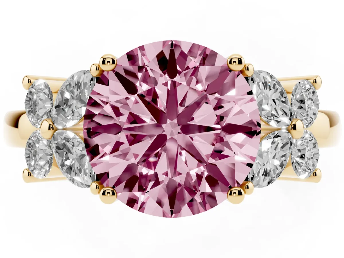 Fancy Pink Round Cut Diamond Floral Cluster Ring with Solitaire Band and Prong Setting Yellow gold