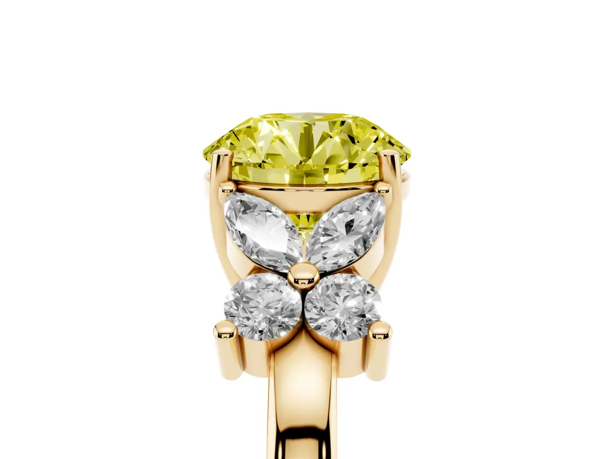 Fancy Yellow Round Cut Diamond Floral Cluster Ring with Solitaire Band and Prong Setting Yellow gold