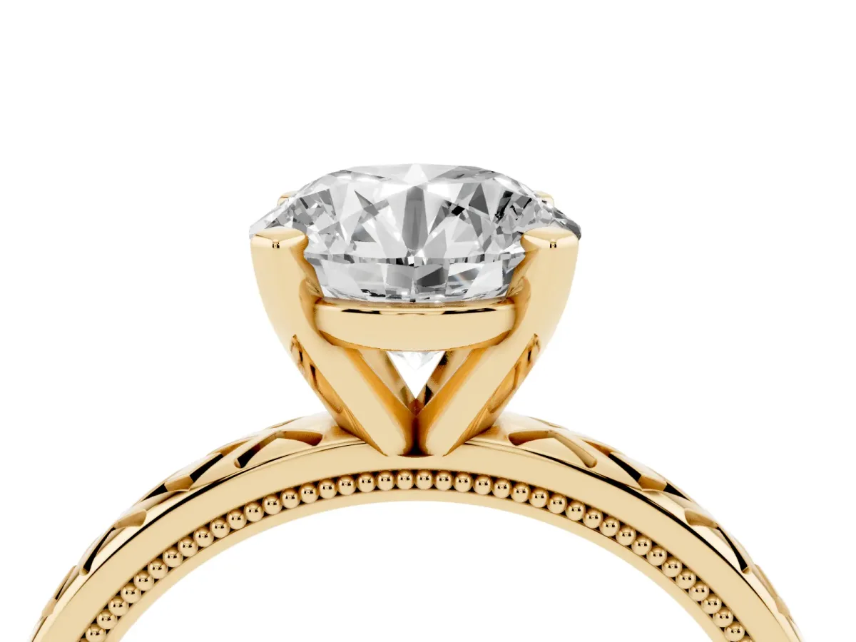 Round Cut Solitaire Diamond Ring with Milgrain and Black Enamel X Pattern Band Yellow gold