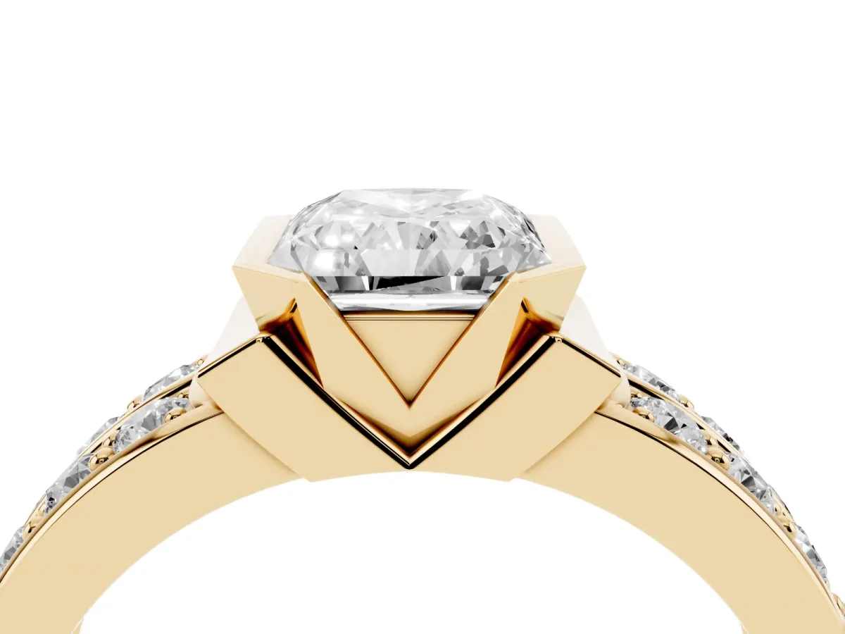 Radiant Cut Brilliant Diamond Channel Set Wide Band Ring with Bezel Setting Yellow gold