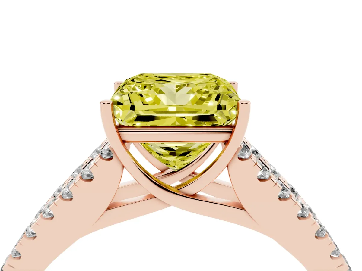 Fancy Yellow Princess Cut Diamond Split Shank Engagement Ring with Round Pavé and Prong Setting Rose gold