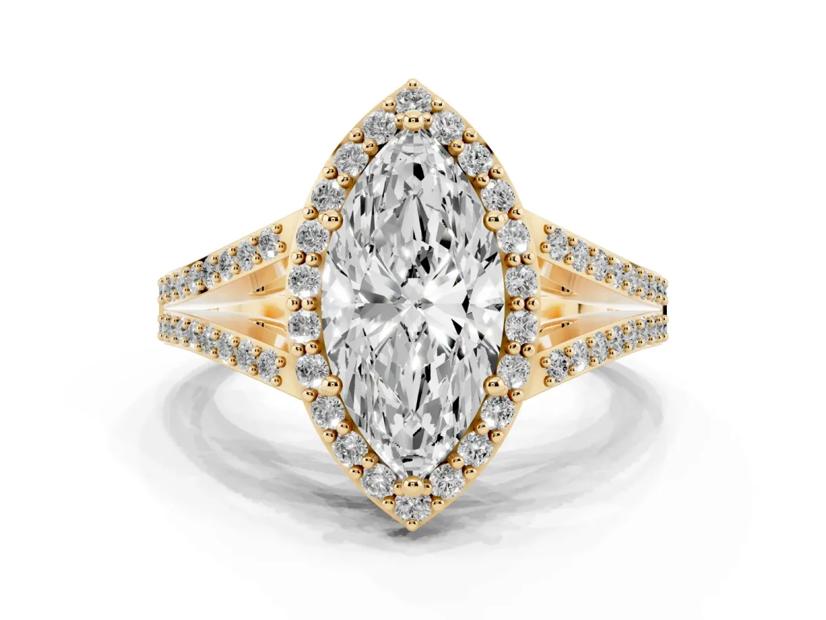 Marquise Cut Halo Split Shank Pave Diamond Ring with Four-Prong Setting Yellow gold