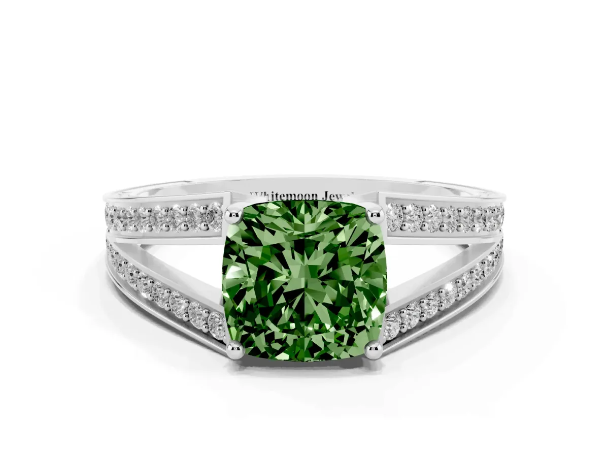 Fancy Green Cushion Cut Diamond Split Shank Ring with Pavé Band and Four-Prong Setting Silver