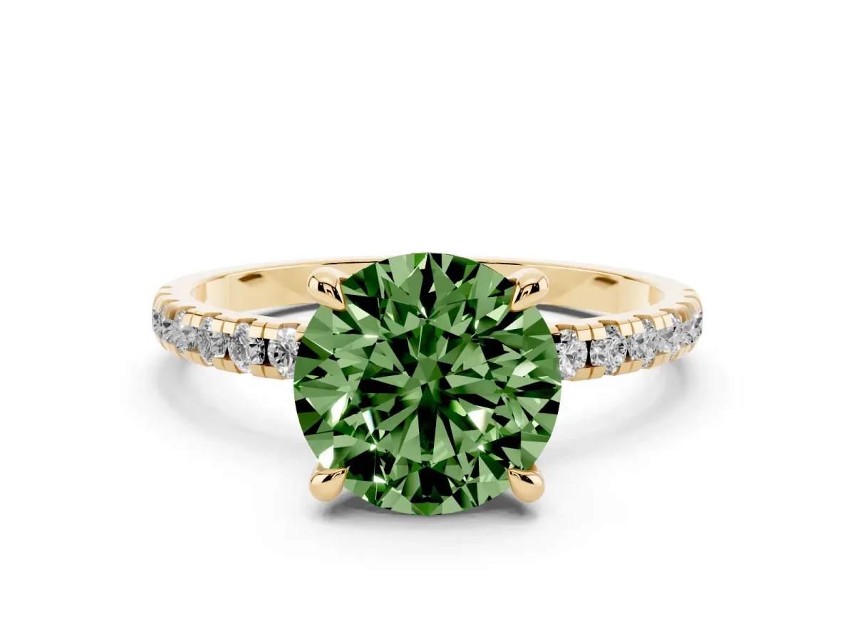 Fancy Green Round Cut Diamond Brilliant Solitaire Ring with Pavé Band and Four-Prong Setting Yellow gold