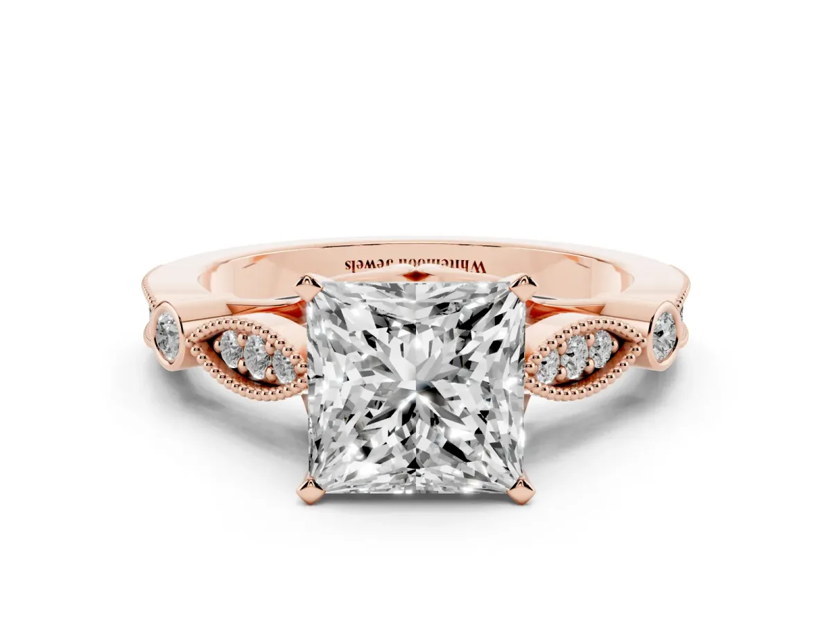 Princess Cut Cut Diamond with Milgrain Marquise and Bezel Accents on a Solitaire Band with Prong Setting Rose gold
