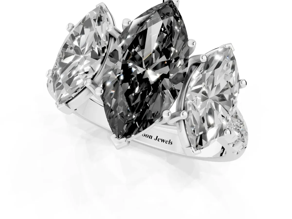 Fancy Black Three-Stone Marquise Cut Diamond Pavé Band with Prong Setting Silver