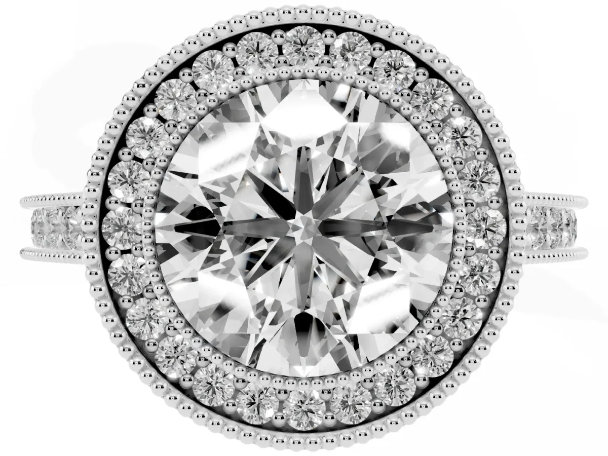 Halo Round Cut-Cut Diamond Pave Band Milgrain Prong Setting Ring Silver