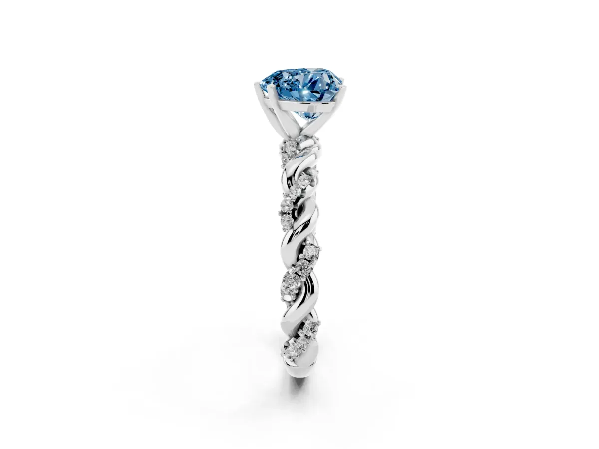Fancy Blue Heart Cut Diamond Solitaire Ring with Twisted Band and Pavé Accents Silver
