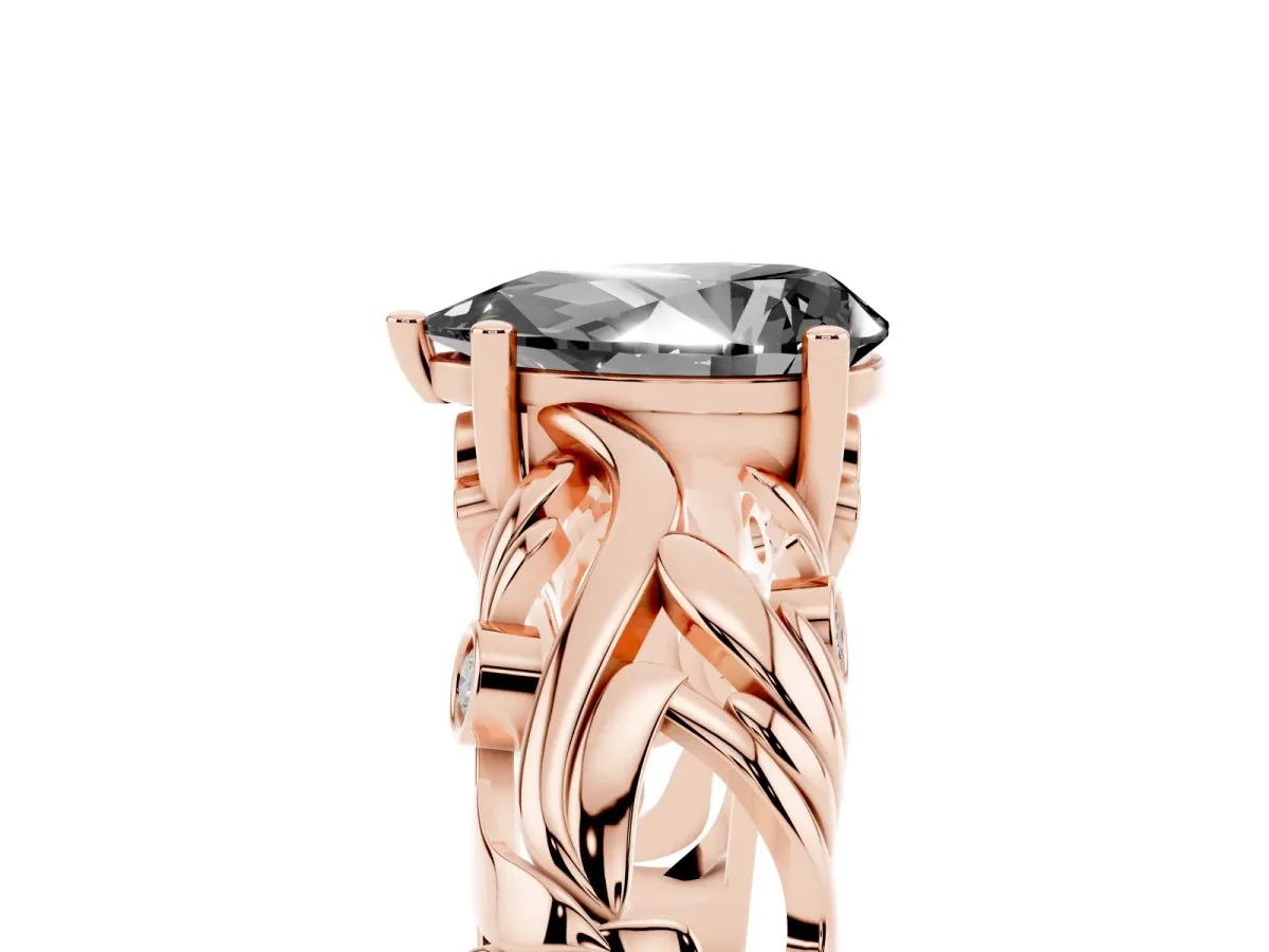 Fancy Black Pear Cut Solitaire Diamond Leaf-Inspired Vine Band Ring with Prong Setting Rose gold