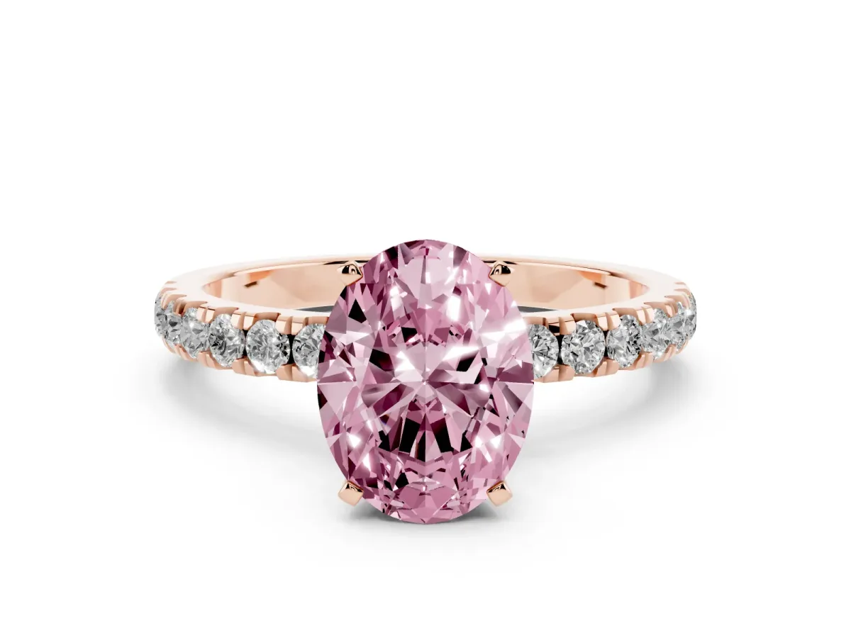 Fancy Pink Oval Cut Diamond Solitaire Ring with Pavé Accents and Four-Prong Setting Rose gold