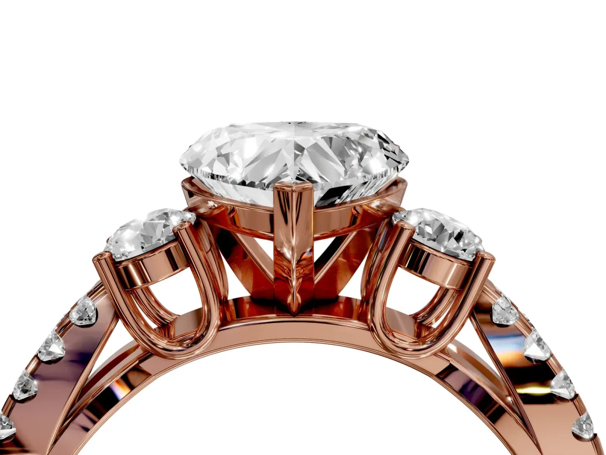 Heart Cut Diamond Three-Stone Ring with Pavé Split Shank and Four-Prong Setting Rose gold