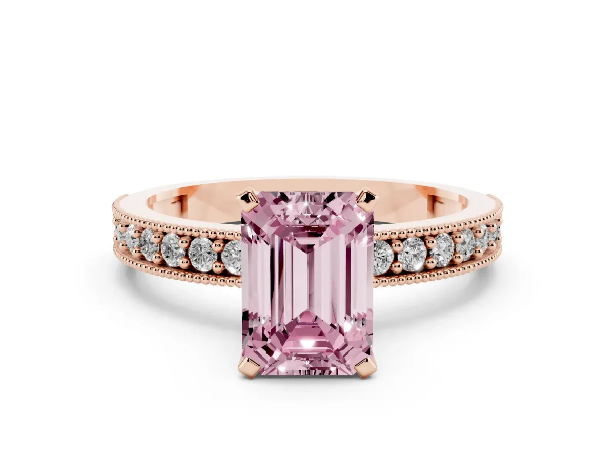 Fancy Pink Emerald Cut Diamond Milgrain Pavé Engagement Ring with Four-Prong Setting Rose gold