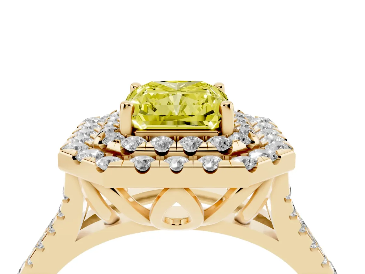 Fancy Yellow Double Halo Radiant Cut Diamond Pavé Split Shank Ring with Prong Setting Yellow gold