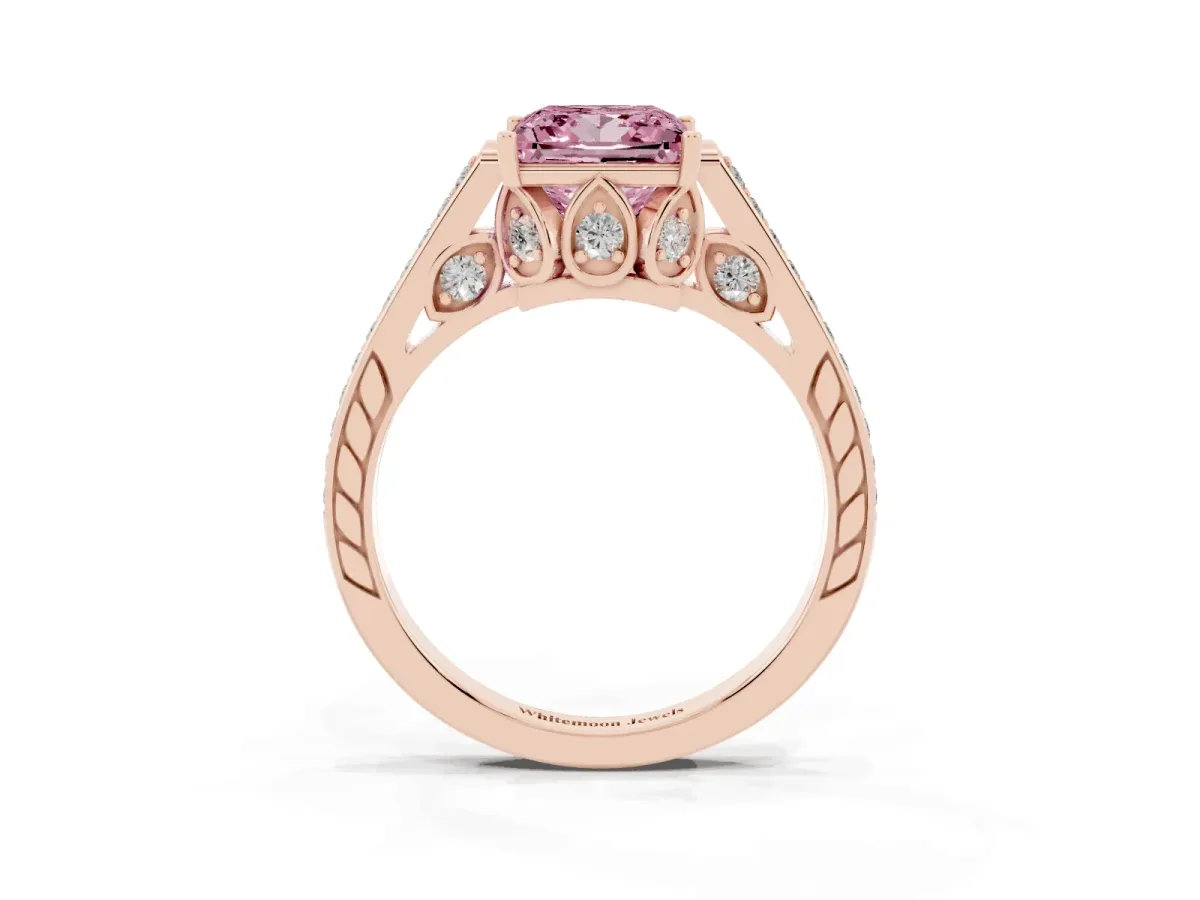 Fancy Pink Princess Cut Cut Cathedral Pave Diamond Engagement Ring with Six-Prong Setting Rose gold