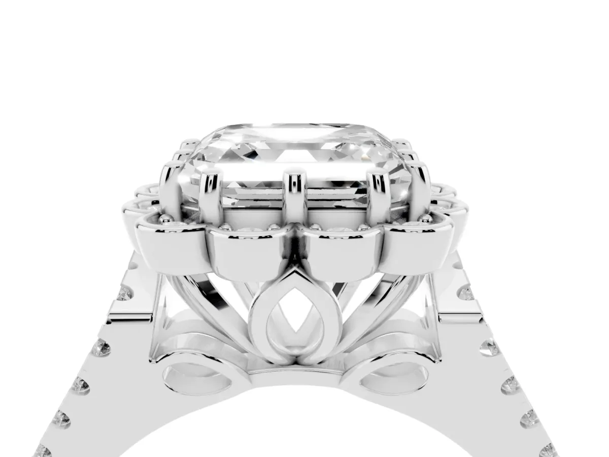 Asscher Cut Halo Diamond Floral Split Shank Engagement Ring Silver