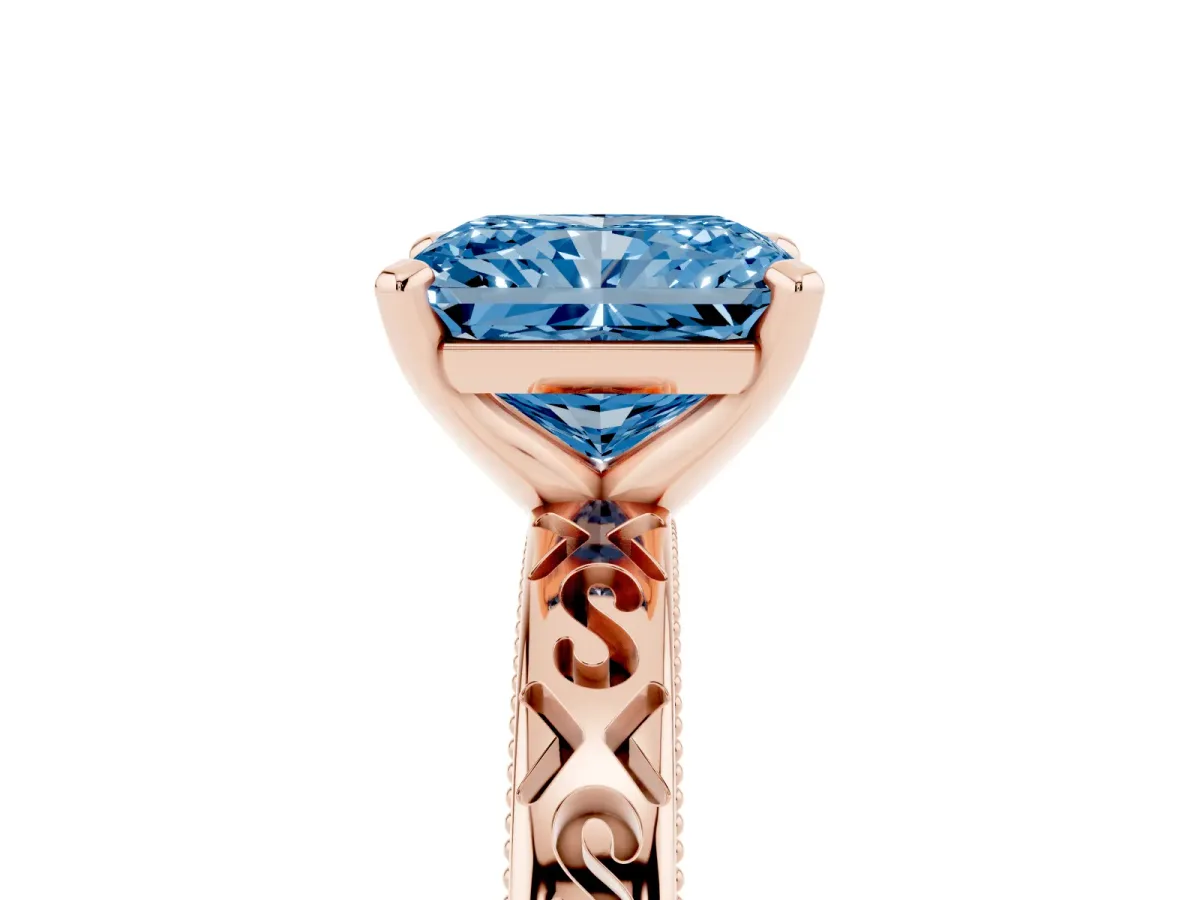 Fancy Blue Radiant Cut Solitaire Engagement Ring with Scrollwork Band and Four-Prong Setting Rose gold