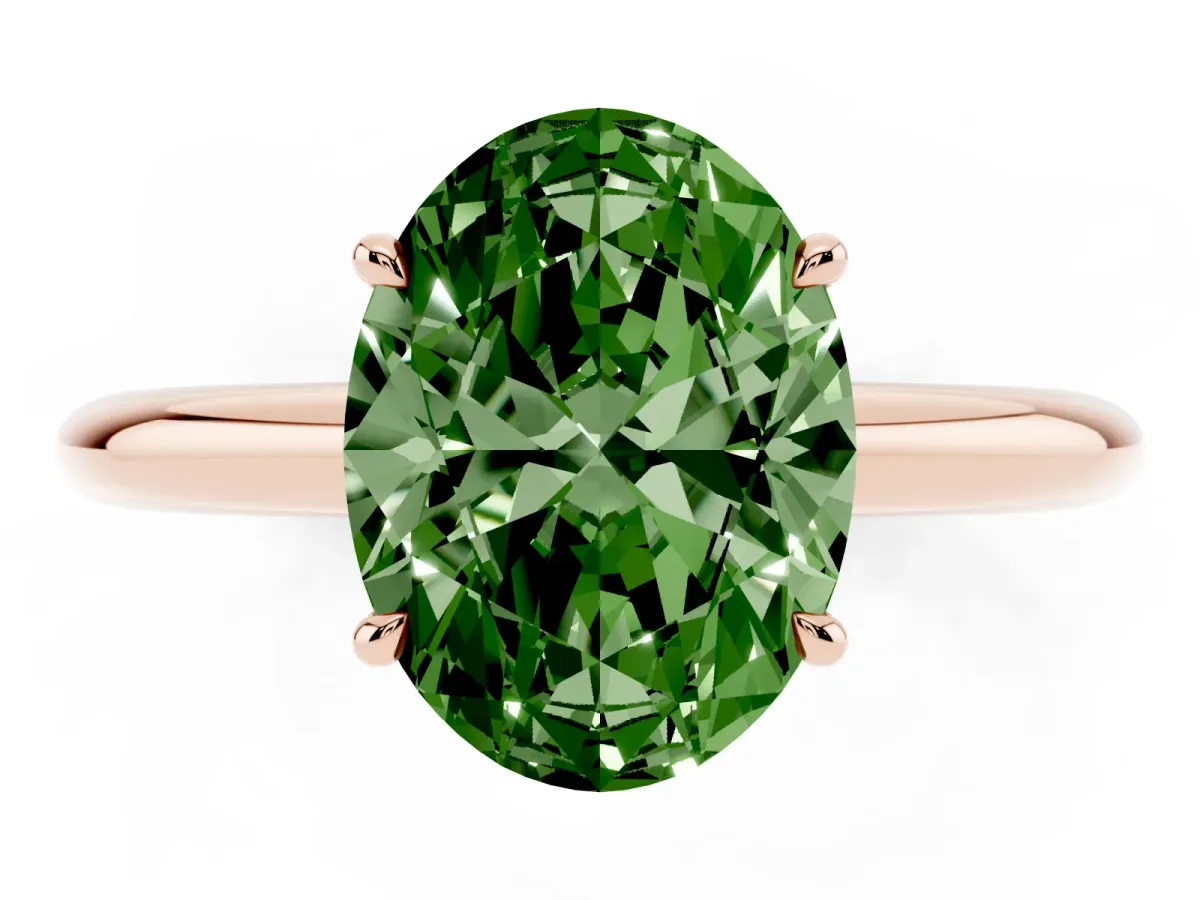 Fancy Green Oval Cut Brilliant Solitaire Engagement Ring with Six-Prong Setting and Classic Band Rose gold