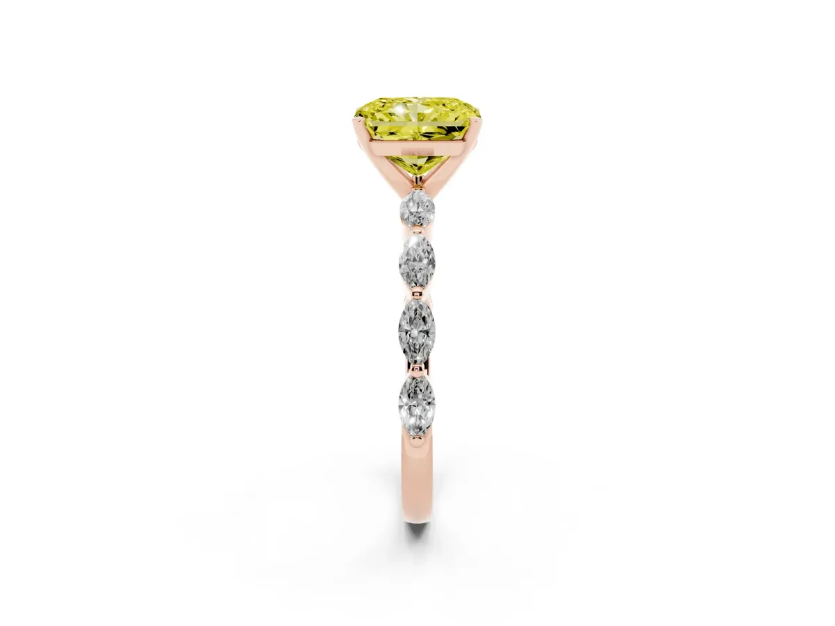 Fancy Yellow Radiant Cut Diamond Ring with Marquise Side Stones and Prong Setting Rose gold