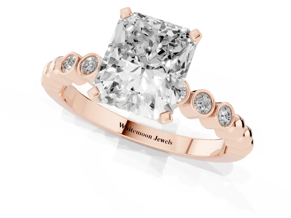 Radiant Cut Solitaire Bezel Accent Diamond Engagement Ring with Beaded Band and Four-Prong Setting Rose gold