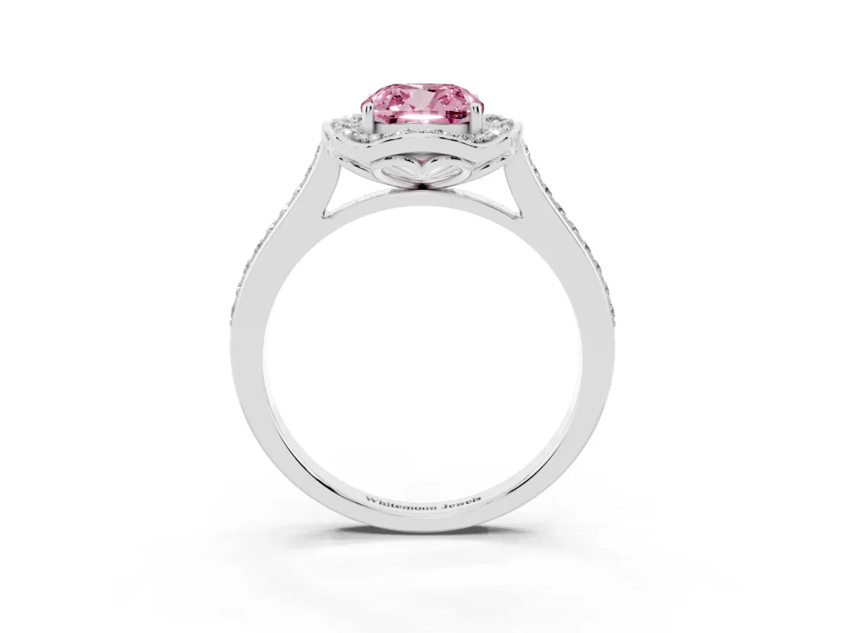 Fancy Pink Cushion Cut Halo Round Diamond Pave Band with Four-Prong Setting Platinum