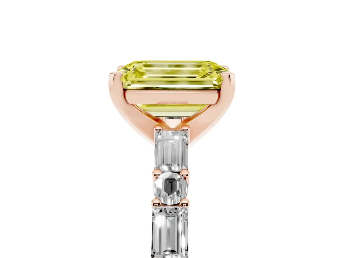 Fancy Yellow Emerald Cut Diamond Solitaire with Side Baguettes and Channel Set Band Rose gold