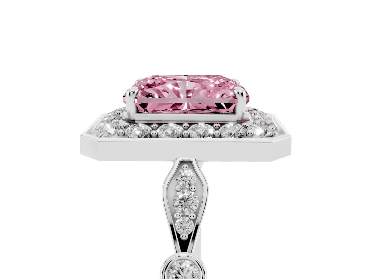 Fancy Pink Radiant Cut Halo Diamond Engagement Ring with Twisted Band and Four-Prong Setting Silver